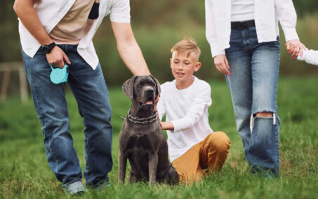 Sitting on the ground with dog. Family have weekend outdoors at summertime together