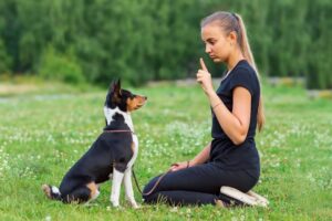 young woman training her dog