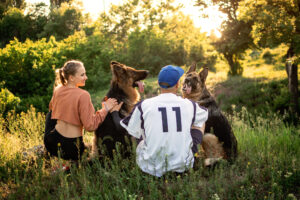 Pet Love, Dog Training, best dog breeds for family. Young sports couples walking with two German Shepherd dogs outdoors in summer park.