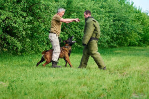The trainer is ordering to the dog to star barkling. The figurant looks scared.