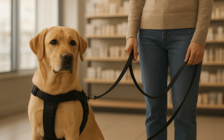 protection dog with harness inside a store