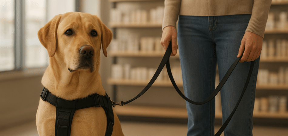 protection dog with harness inside a store