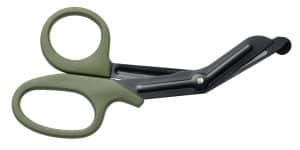 A pair of medical trauma shears with olive green handles and angled stainless steel blades, designed for cutting clothing or bandages.