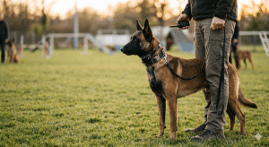 A person stands on grass holding the leash of a Belgian Malinois dog, with agility equipment and other dogs visible in the background.