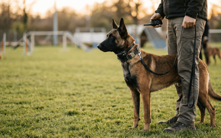 A person stands on grass holding the leash of a Belgian Malinois dog, with agility equipment and other dogs visible in the background.