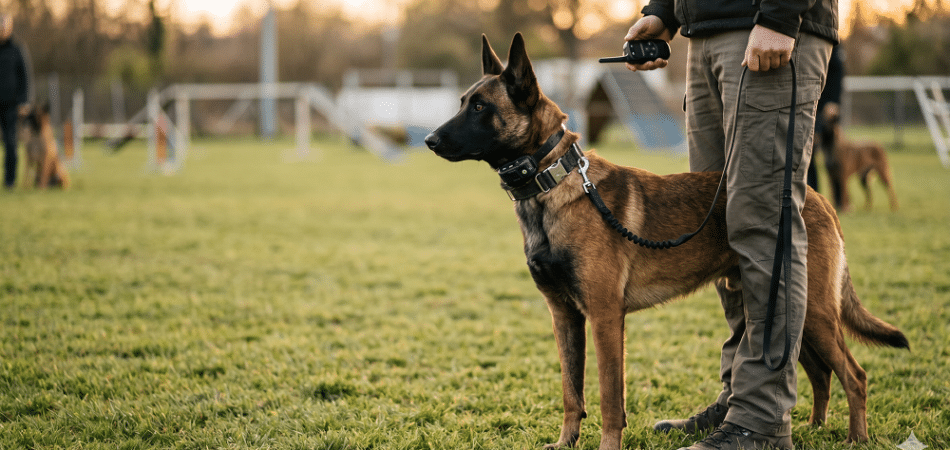 A person stands on grass holding the leash of a Belgian Malinois dog, with agility equipment and other dogs visible in the background.