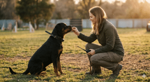 A woman kneels on grass, holding a walkie-talkie and giving a treat to a sitting Rottweiler dog outdoors in a fenced area.
