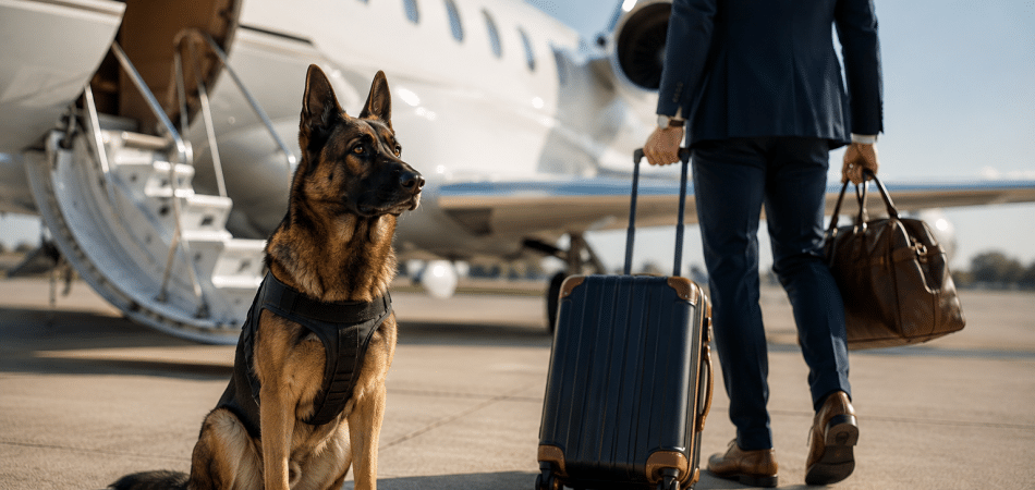 Business traveler with security dog