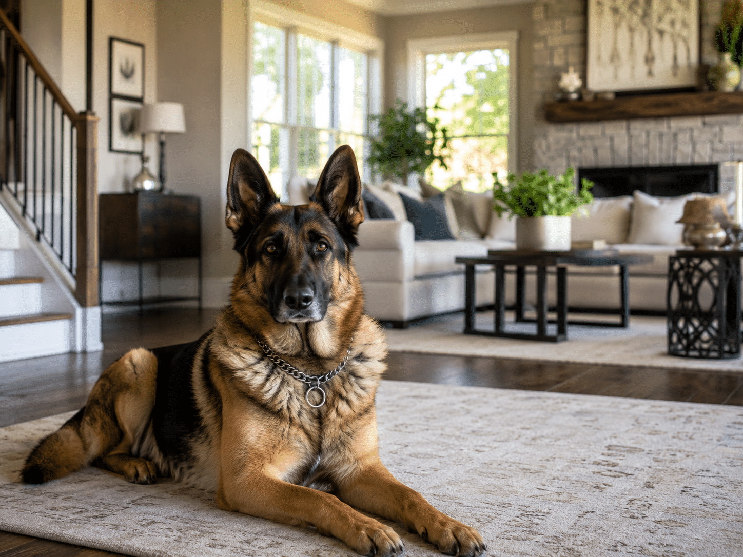 Cozy living room with German Shepherd