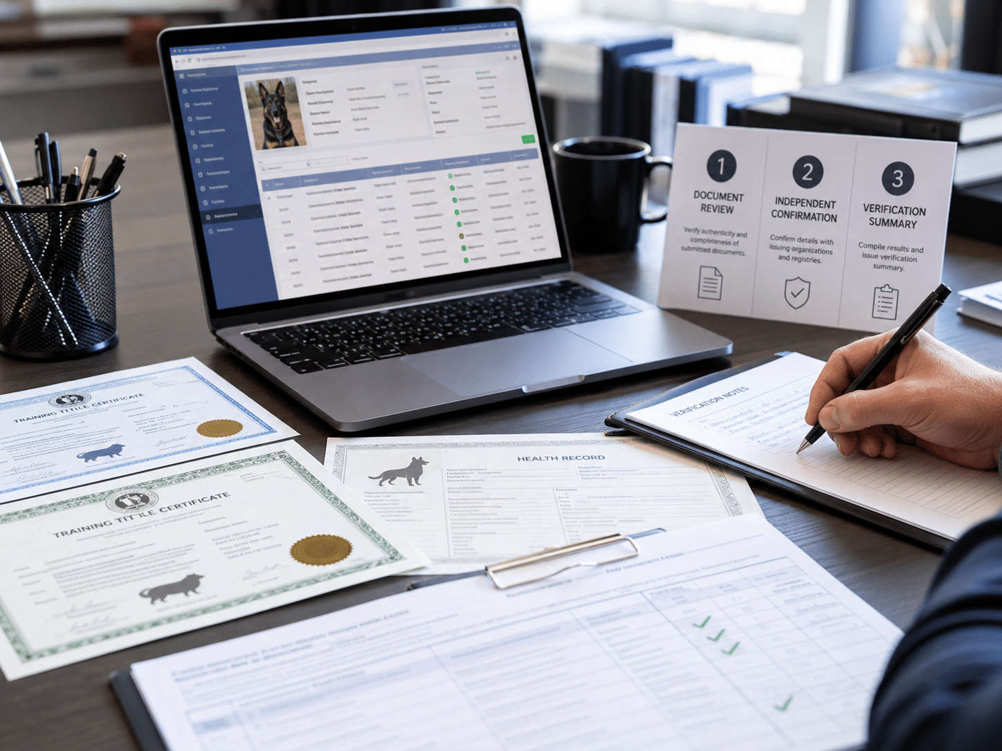 Desk with certificates and verification process