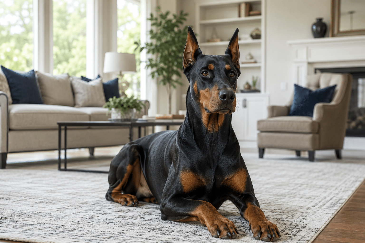 Doberman in a modern living room