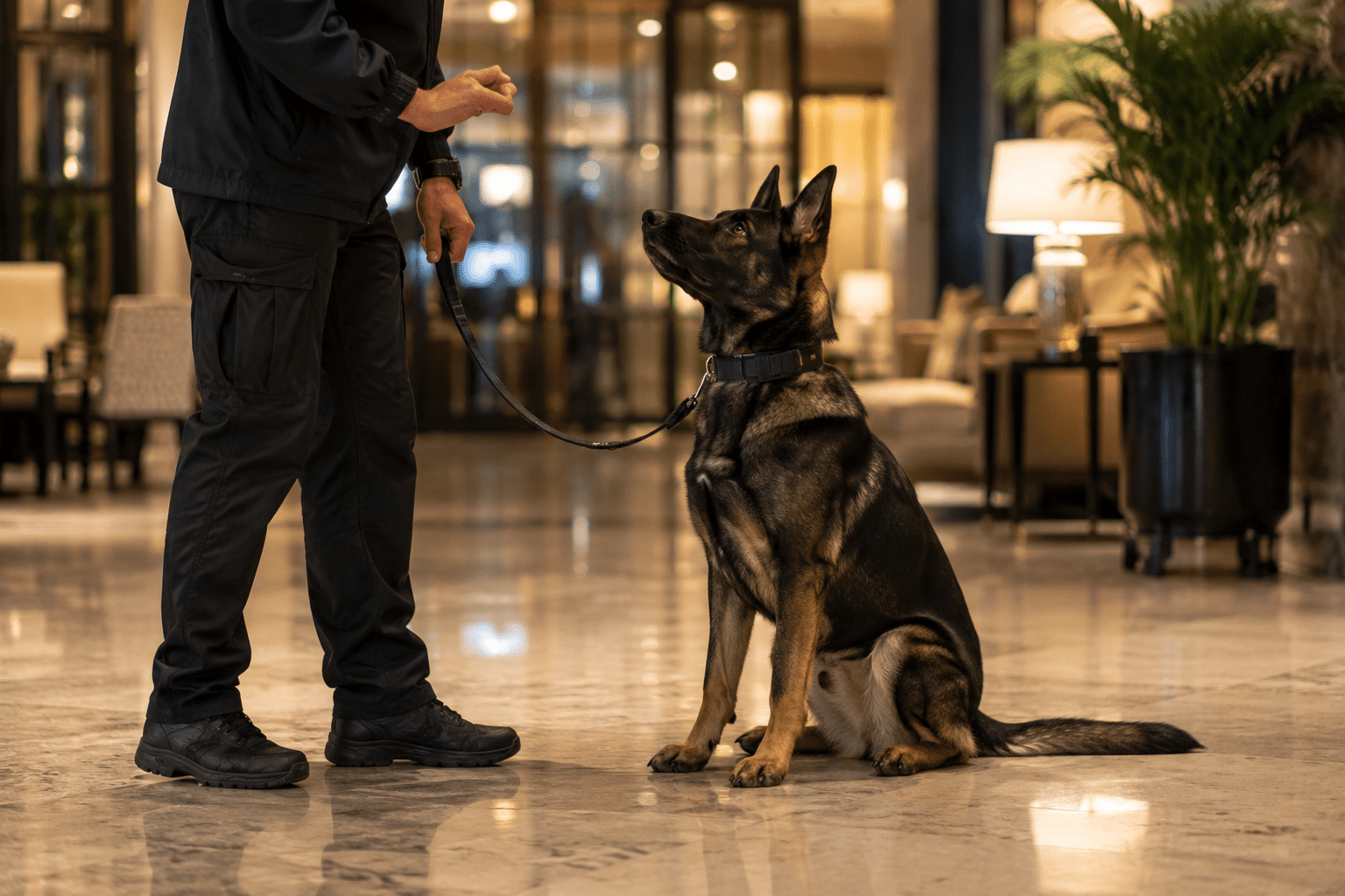 Lobby scene with working canine