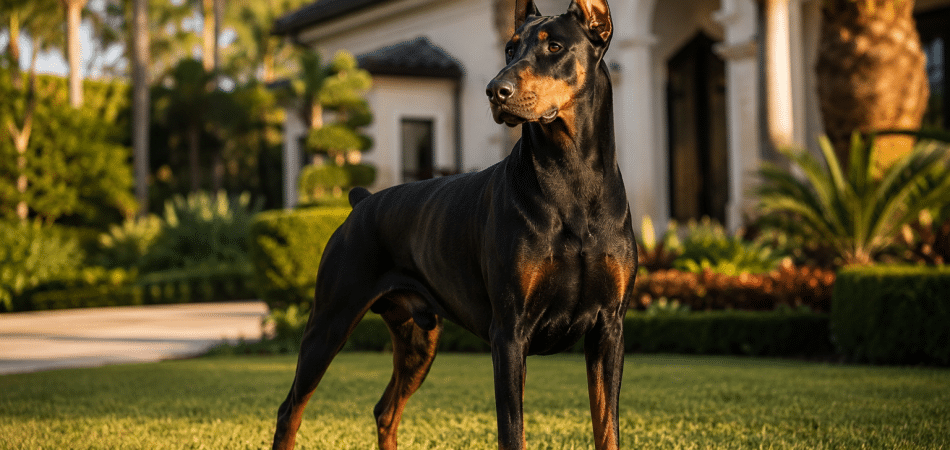 Proud Doberman with luxurious backdrop