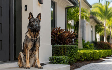 Vigilant dog at a modern house entrance