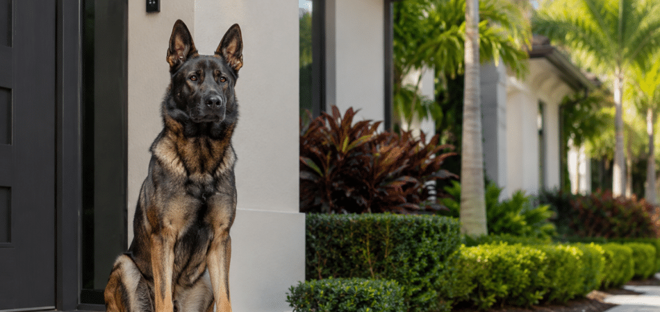 Vigilant dog at a modern house entrance