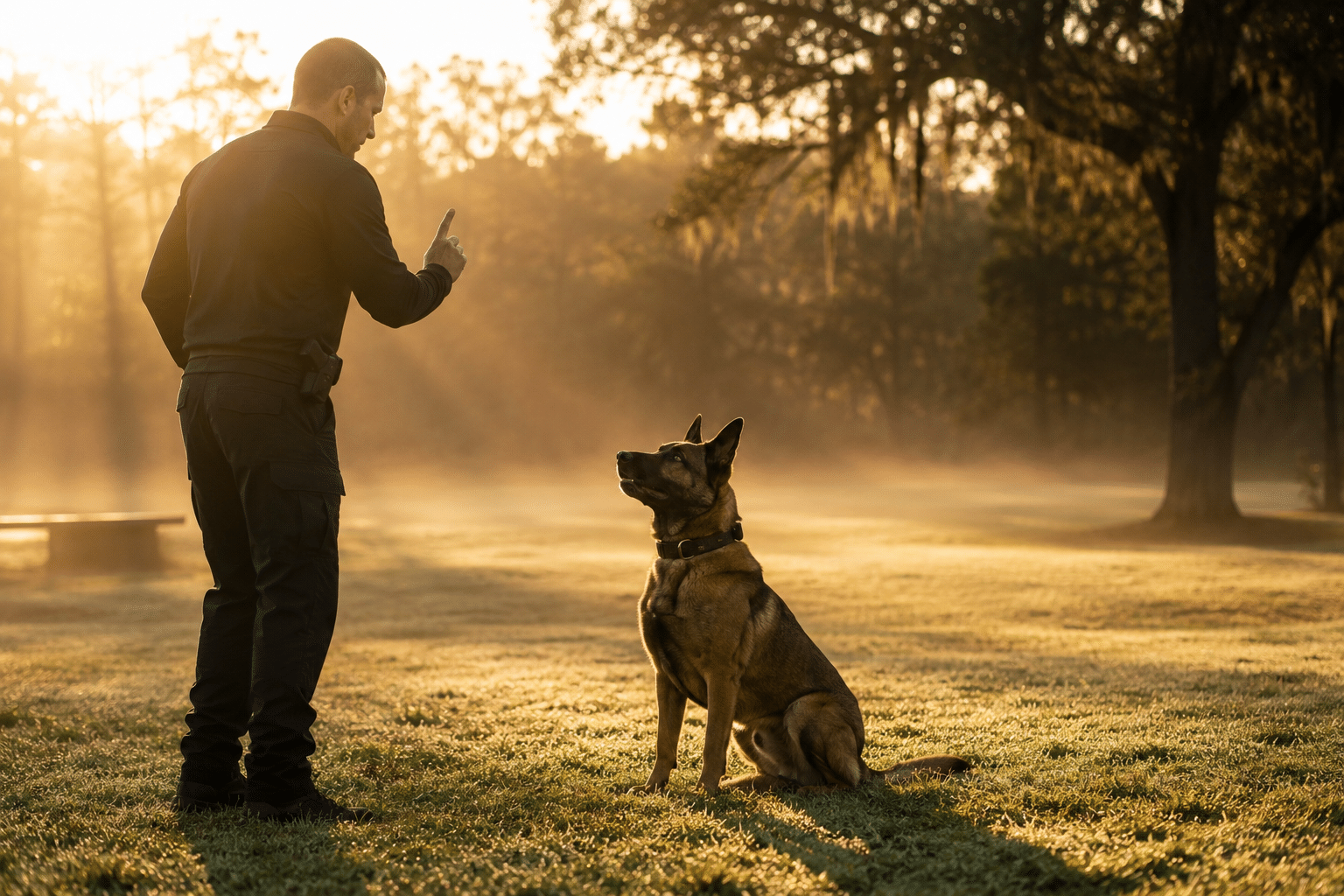 a handler running a short obedience drill with an attentive protection dogs