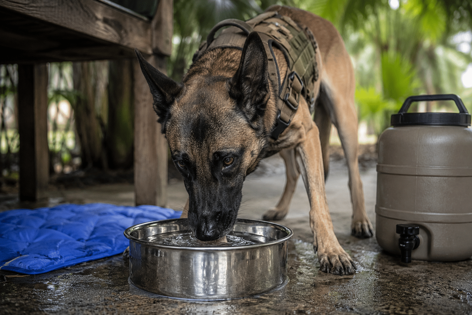a working protection dog drinking from a clean stainless steel water bowl